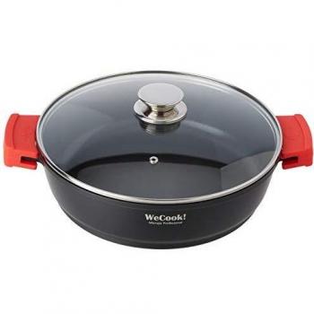 WECOOK! Ecostone Cazuela Baja Inducción con Tapa de Cristal 28cm, Antiadherente XTRA DUPON Ecológico sin PFOA, Aluminio Fundido, 5mm Espesor, 7,5cm Alto, Asas Silicona, Vitrocerámica, Gas