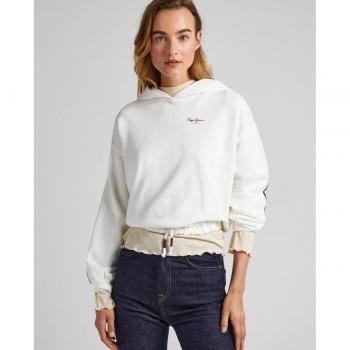 Sudadera cropped con capucha de mujer Pepe Jeans Bibi blanca crema, fit ajustado, cordón en el bajo, talla XL