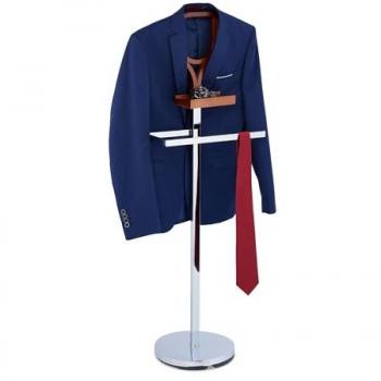 Galán de Noche Relaxdays con Balda para Camisa y Pantalón, 120 x 45 x 28 cm, MDF y Acero, Plateado/Marrón
