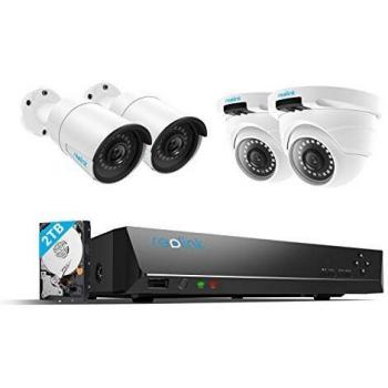 Reolink 4MP Kits de Cámara de Vigilancia PoE, con 4X Cámaras IP PoE Exterior y 8CH NVR con 2TB Disco Duro para Grabación Continua, Visión Nocturna Audio Detección de Movimiento, RLK8-410B2D2-4MP