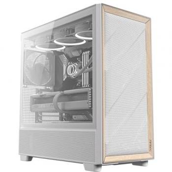 Antec FLUX Torre Media Blanca con Panel Frontal de Madera, 5 Ventiladores PWM Incluidos, Soporte para Radiador de 420mm y Conexión USB Tipo C