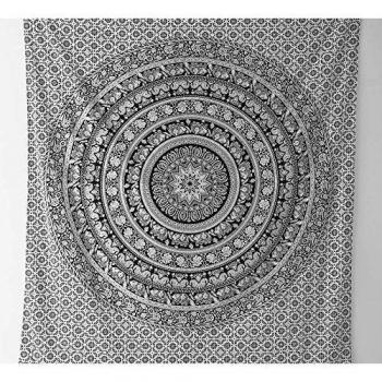 Tapiz de Mandala estilo bohemio y hippie, de diseño indio, para colgar en la pared de dormitorios, de 239 x 216 cm apróx., color blanco y negro