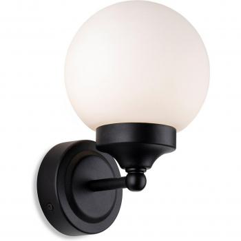 Aplique de baño Louis Noir con cristal opal blanco 1 bombilla 21cm, Aplique de pared de globo para baño negro con vidrio blanco opalino IP44