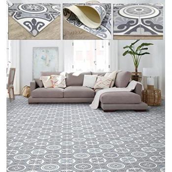 Alfombra Larga Antideslizante de Vinilo para Pasillo y Cocina - Diseño Baldosas Hidráulicas en Tonos Taupé y Antracita, 200x250 cm