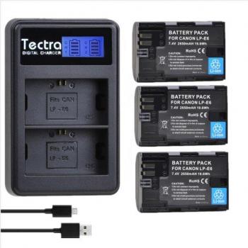 Paquete de 3 Baterías Li-Ion 2650mAh LP-E6 + Cargador Doble LCD para Canon EOS 5DS, 5D Mark II III, 6D, 7D, 60