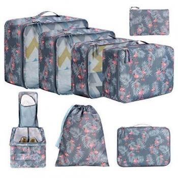 Amazon Brand - Eono 8 Set Cubos de Embalaje, Organizadores para Maletas, Equipaje de Viaje Organizadores, con Bolsa de Zapatos, Bolsa de Cosméticos y Bolsa de Lavandería - Flamenco