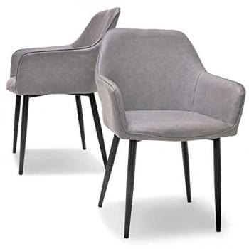 Juego de 2 sillas de diseño en polipiel gris antracita con reposabrazos para comedor y oficina