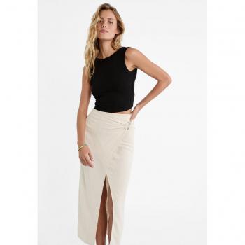 Stradivarius Linen Blend Midi Skirt Stone