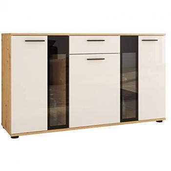 Vitrina Tucson 114 con puertas y cajones, Artrisan roble + Blanco, 80x140x40cm, opción de LED