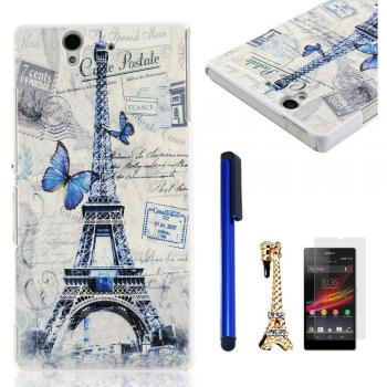 BestCool Teléfono Accesorios Estilosa PC Funda Dura Carcasa para Sony Xperia Z L36h Protective Tapa Shell Caso Cubierta Case Cover - Azul París Torre Eiffel y Mariposa Diseño +1x 3.5mm Bling Cristal Diamante Koala enchufe anti del polvo +1x Stylus Pen 
