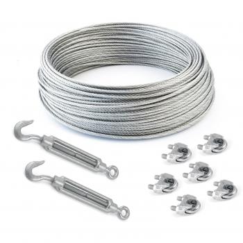 COJUNTO 50m cuerda de alambre galvanizado 4mm hebra: 6x7 + 6 abrazaderas + 2 tensores ojetes/gancho