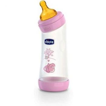Chicco Wellbeing - Biberón con tetina inclinada de látex y flujo normal para bebé de 4 meses en adelante, 250 ml, rosa