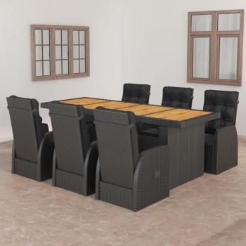 7-Piece Black Poly Rattan Outdoor Dining Set with Cushions