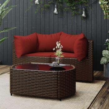 Set de muebles de jardín 3 piezas con almohadas de polyrattan marrón