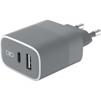 Cargador Doméstico Dual Force USB A+C Power Delivery 45 W - Force Power F149027 Cargador de Pared GaN USB-A+ USB-C 45W PD Gris