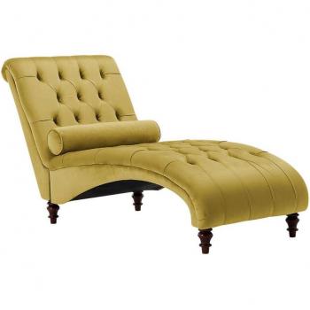 Chaise Longue Chesterfield Beige de Terciopelo con Botones y Patas de Madera Muret
