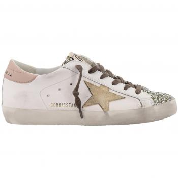 Golden Goose Women's White/Platinum Super Star Trainer with Glitter Sneaker | Size 37 | GWF00102F006236