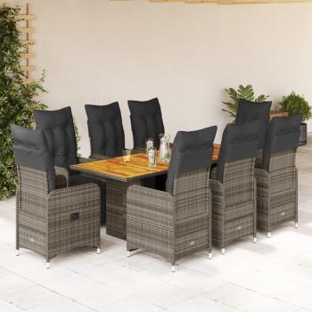 9-Piece Grey Poly Rattan Garden Bistro Set with Cushions