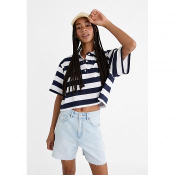 Stradivarius D93 Longline Denim Shorts in Medium Light Blue Denim