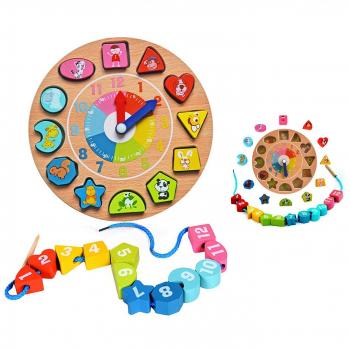 Itian Forma de Reloj de Madera de Clasificación + Hilo de las Cuentas de Madera, los Patrones Digitales y Animales, Apropiado para los Niños