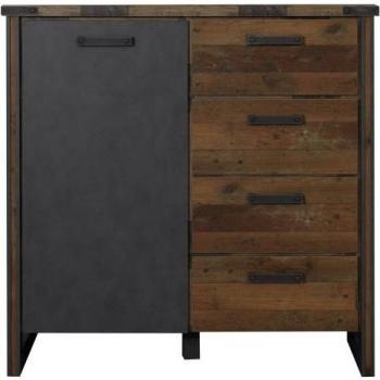 Cómoda vintage de 1 puerta y 4 cajones en madera envejecida con acabado gris