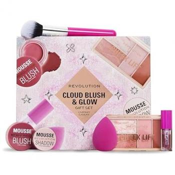 Makeup Revolution Cloud Blush and Glow Highlight Gift Set - Set de regalo que incluye rubor, iluminador y aceites nutritivos para labios, vegano y libre de crueldad