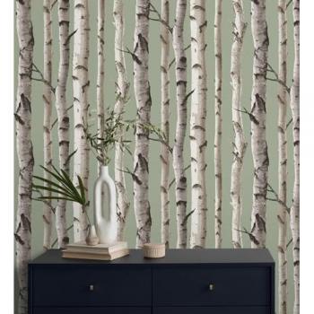 Papel Pintado Troncos de Árboles Estilo Nórdico Verde Claro - Rollo 10 m x 0,53 m GAULAN 682373