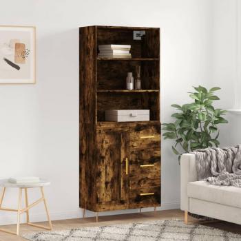 Aparador alto de madera contrachapada roble ahumado 69,5x34x180 cm con 1 puerta de madera y 3 cajones, mueble de almacenaje para salón, buffet y armario auxiliar