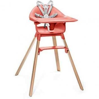 STOKKE® Clikk™ - Trona de madera con arnés y bandeja │ Silla de bebé para comer con asiento y reposapiés ajustables │ Portátil │ color: Sunny Coral