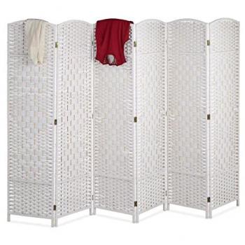Biombo Plegable de 6 Paneles, 170 x 240 cm, Separador de Ambientes en Madera y Cuerda de Papel, Mampara Blanca - Relaxdays