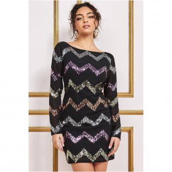 Black Sequin Zig Zag Mini Shift Dress