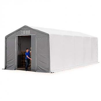 Carpa industrial Toolport 5x10 m con altura lateral de 3 m, puerta corrediza, fabricada en PVC 850 N, 100% impermeable, color gris