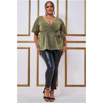 Goddiva Plus Lurex Flutter Sleeve Wrap Top - Gold