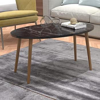 Mesa de Centro Ovalada Sindal - Aglomerado y Madera Natural 41 x 90 x 50 cm - Diseño Elegante con Acabado en Mármol Negro