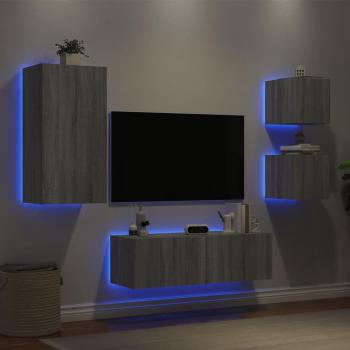 Mueble de TV de pared con luces LED 4 piezas gris Sonoma vidaXL