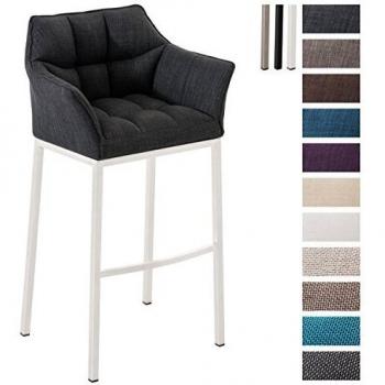 Taburete de bar Damaso en Tela Gris Oscuro con Base de 4 Patas Blanca y Respaldo