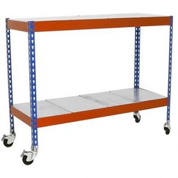 Estantería Industrial Simonforte 120x60 cm, Metal Azul/Naranja/Galvanizado, 2 Estantes, 75 kg de Capacidad, con Ruedas