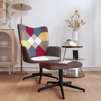 Silla de relajación con reposapiés en tela patchwork, incluye taburete y diseño cómodo para el descanso
