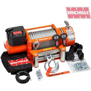 Winchmax 17.000 libras (7.711 kg) Cabrestante eléctrico original naranja de 24v. 26 m de Cuerda de acero 12 mm y gancho de horquilla de ½ pulgada, control remoto inalámbrico doble.