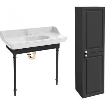 Consola Jacob Delafon Cléo 1889 con lavabo de 3 huecos, columna recta y sifón dorado