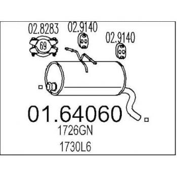 Silenciador trasero MTS PEUGEOT/CITROËN 01.64060, compatible con modelos 1726GN, 1730L6 y 1726GL