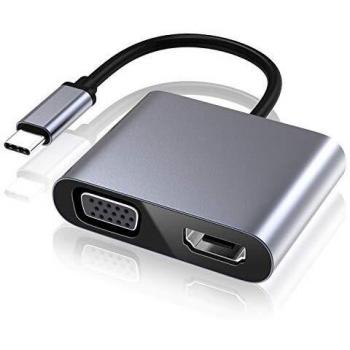 Adaptador USB C a VGA HDMI, USB 3.0 Hub Tipo C a VGA HDMI 4K UHD Adaptador, Compatible con Ordenadores portátiles, MacBook Pro/Air, Nintendo, DELL HP Spectre, Samsung S8/S9, Huawei Mate 30 y más