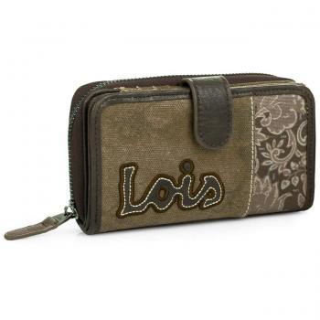 Lois - Billetero de Mujer Mediano. Cartera Tarjetero Monedero. Tarjetas Billetes y Monedas. Lona Estampada. Caja para Regalo, Diseño Elegante y Marca. 95116, Color Marron-Dorado