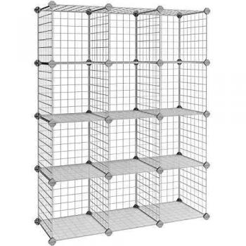 SONGMICS Armario Modular de Malla de Hierro, Estantería de Almacenaje con 12 cubos, Organizador Modulable y Ajustable, Multiuso, para Libros, Ropa y Zapatos, en Baño, 93 x 31 x 123 cm, Blanco LPI34W