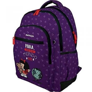 Mafalda 37500193. Mochila Escolar, Colección Mundo, Compartimento Acolchado para Portátil, 33x46x22,5cm, Violeta