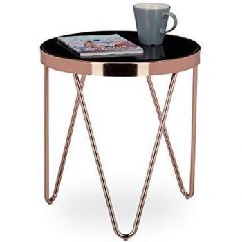 Relaxdays Copper Mesa Auxiliar Pequeña, Cristal/Acero, Negro/Cobre, 46 X 42 X 42 cm