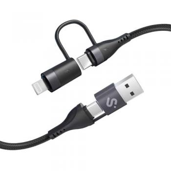 Cable SUBBLIM 4 en 1 USB-A/C/Lightning 1m 60W Carga Rápida Nylon Trenzado Negro