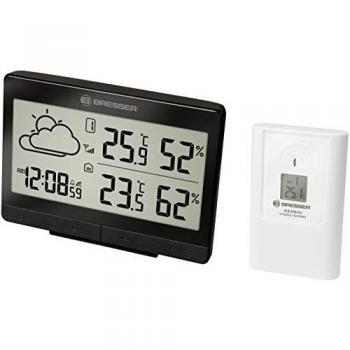 Estación meteorológica inalámbrica con sensor exterior Temeo Trend LGX de Bresser para temperatura y humedad del aire, incluye previsión meteorológica, reloj inalámbrico con despertador, color negro
