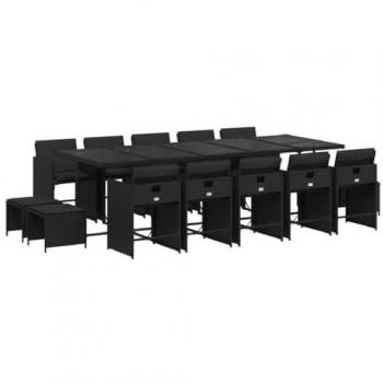 Set Comedor de Jardín 15 Pzas con Cojines Negras en Polyrattan, Sillones de Relax, Mesa y Sillas para Patio, Ratán Sintético Negro