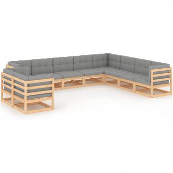 10-Piece Solid Pine Garden Lounge Set with Cushions